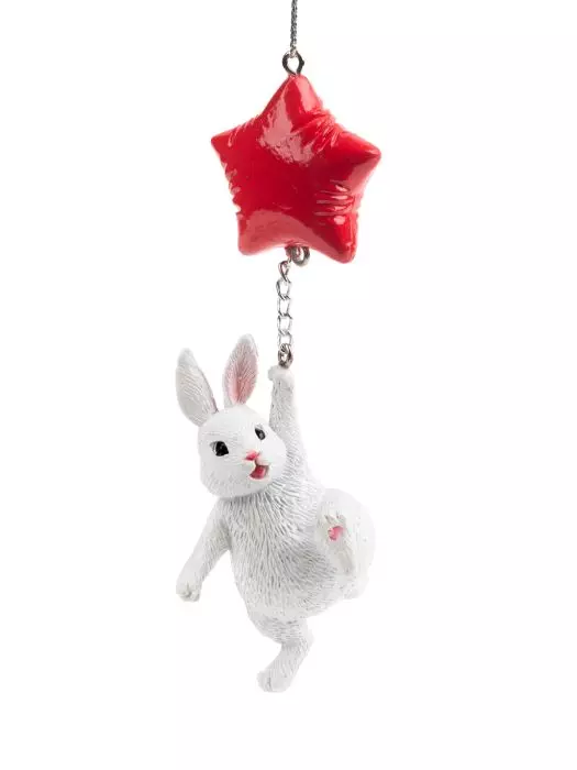 Елочная игрушка Зайчик с красным шариком  из полирезины / 3x12,5x4см 89412