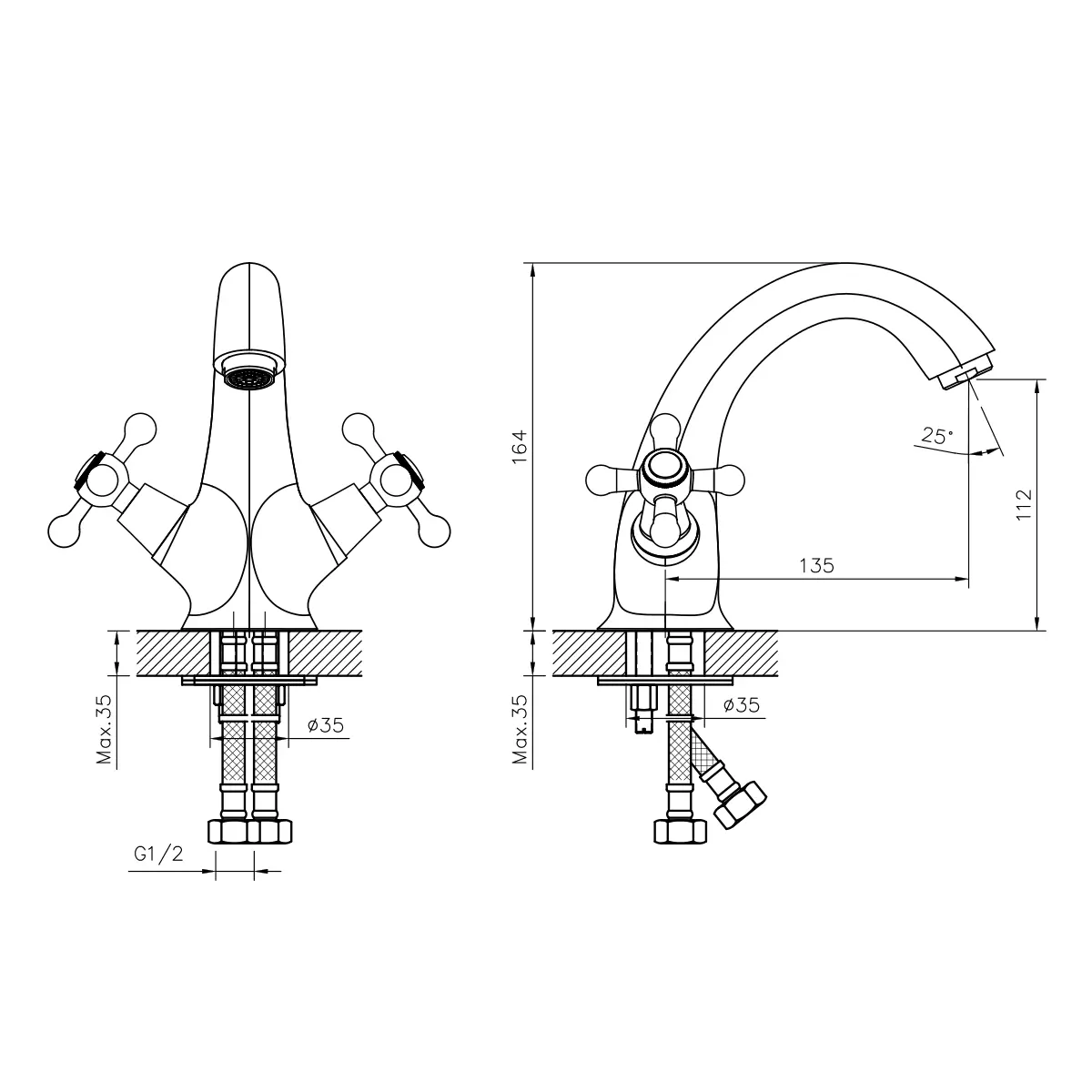 Двухвентильный смеситель для раковины, монолитный излив, хром, DECOROOM DR54011, латунь