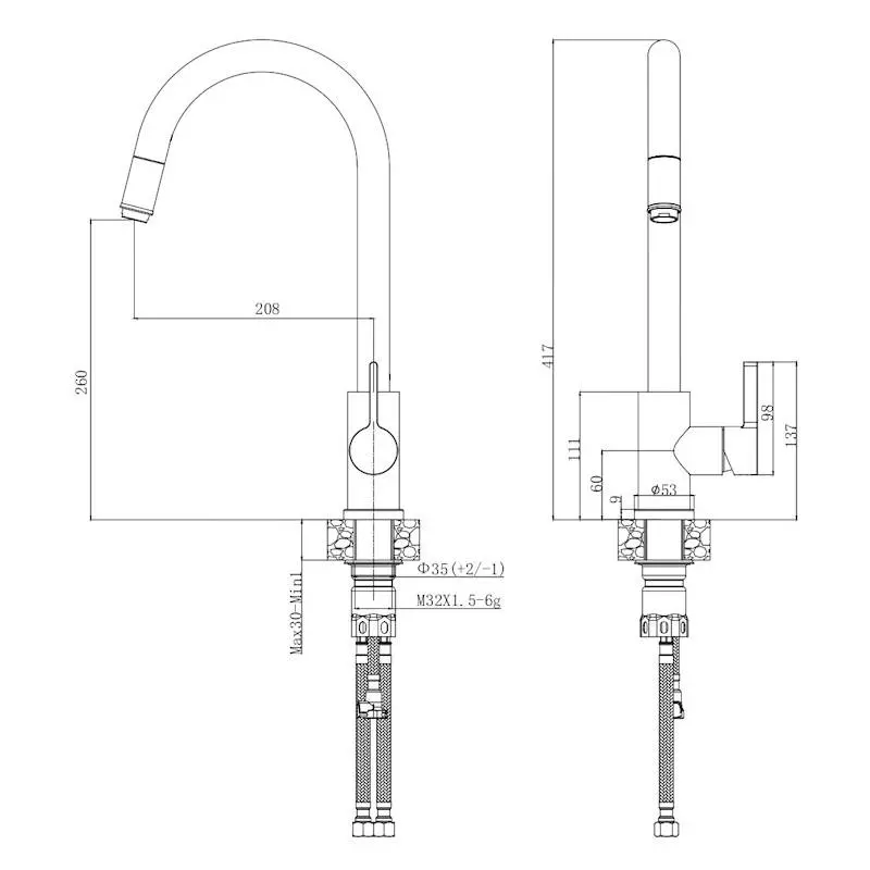 Смеситель для кухни, высокий вытяжной R-излив, сатин VODA Vessel VSL519 нерж. сталь