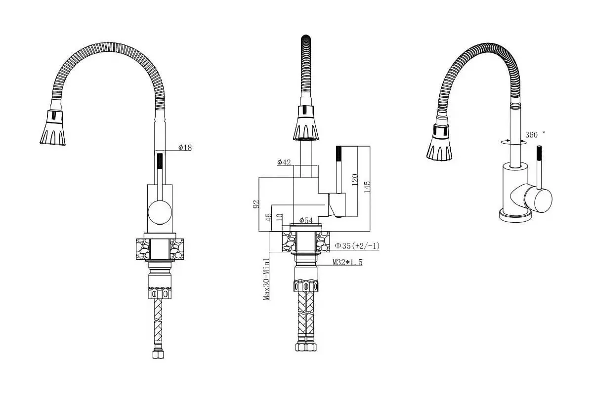 Смеситель для кухни, гибкий излив, черный VODA KF 36B нерж. сталь