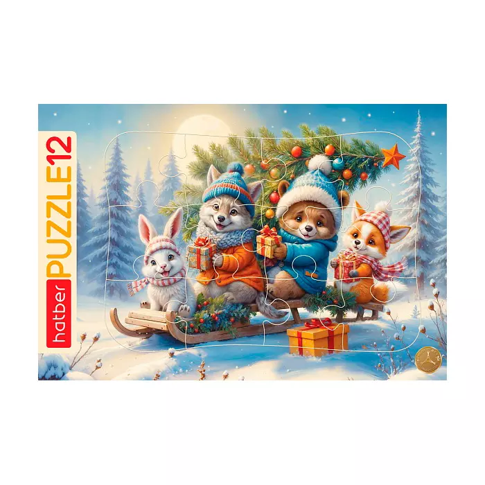 Новогодний пазл 12 элементов 300х200 мм в рамке Зимние забавы Hatber Eco 093224