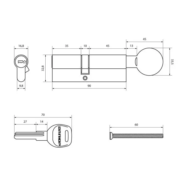 Цилиндровый механизм 90 мм (40x50G) BP АЛЛЮР HD FG 90-5К BP латунь перф.ключ/верт
