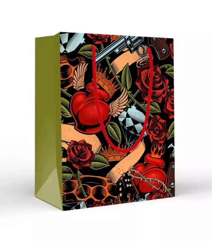 Пакет подарочный (M) Орнамент с розами на черном 15.18.02280