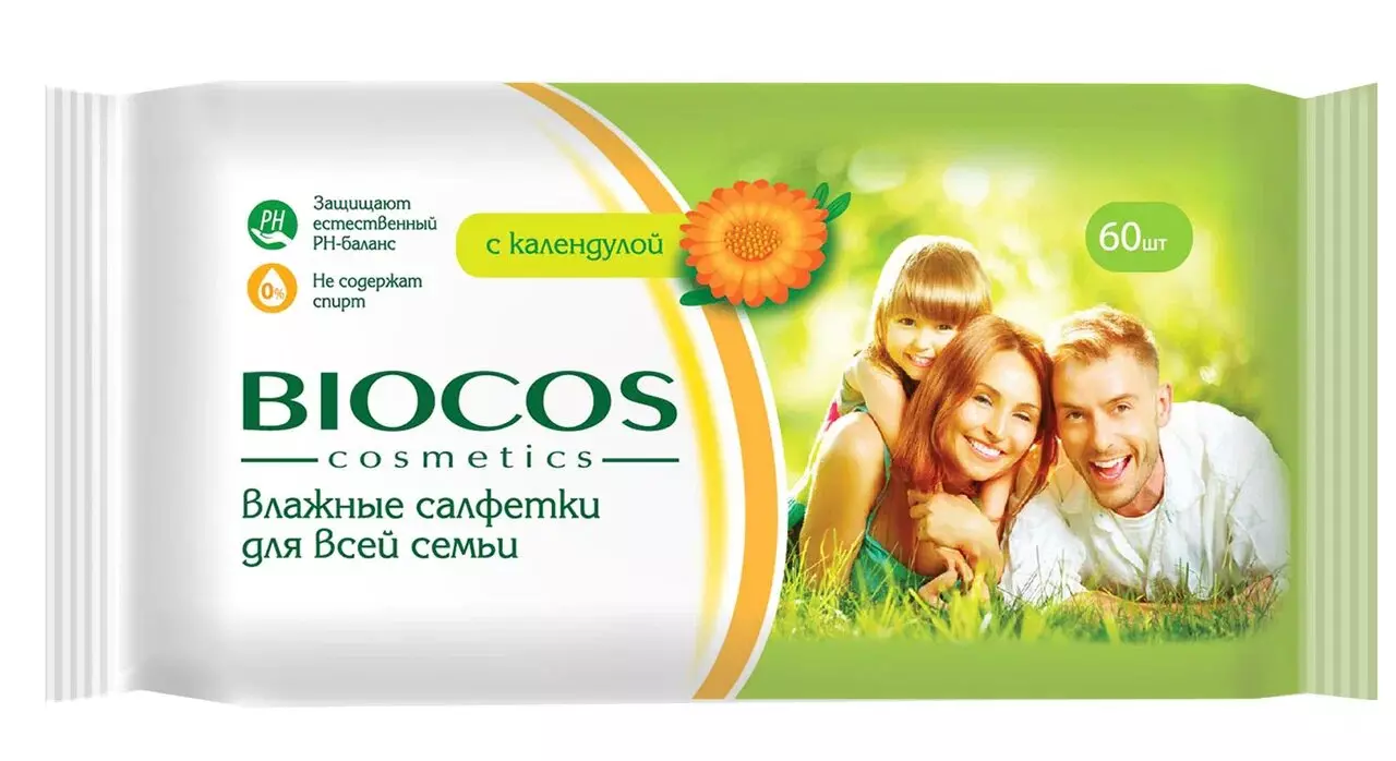 Влажные салфетки BioCos для всей семьи с экстрактом календулы, 60 шт