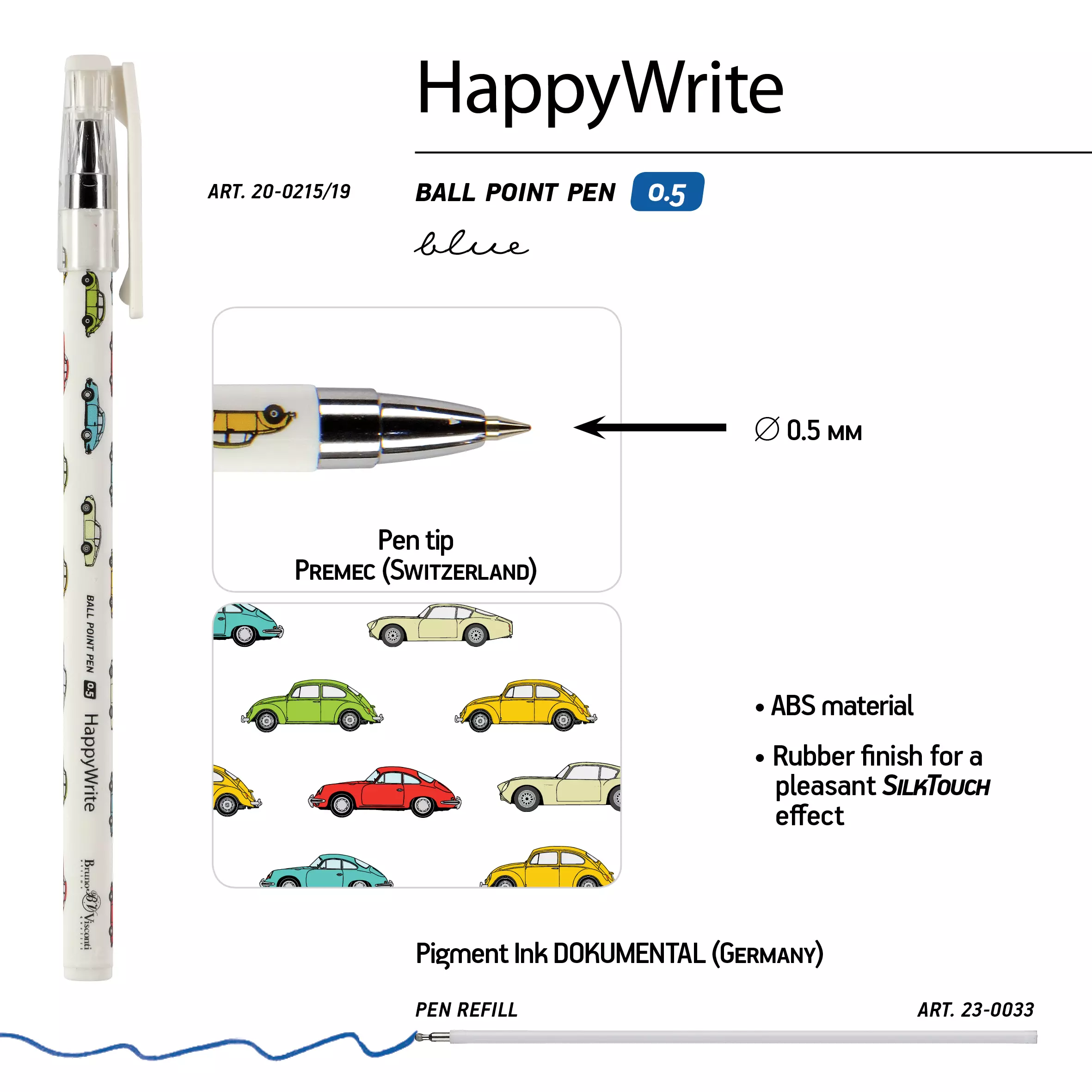 Шариковая ручка BrunoVisconti HappyWrite. Happy boy. Машинки, 0.5 мм, синяя