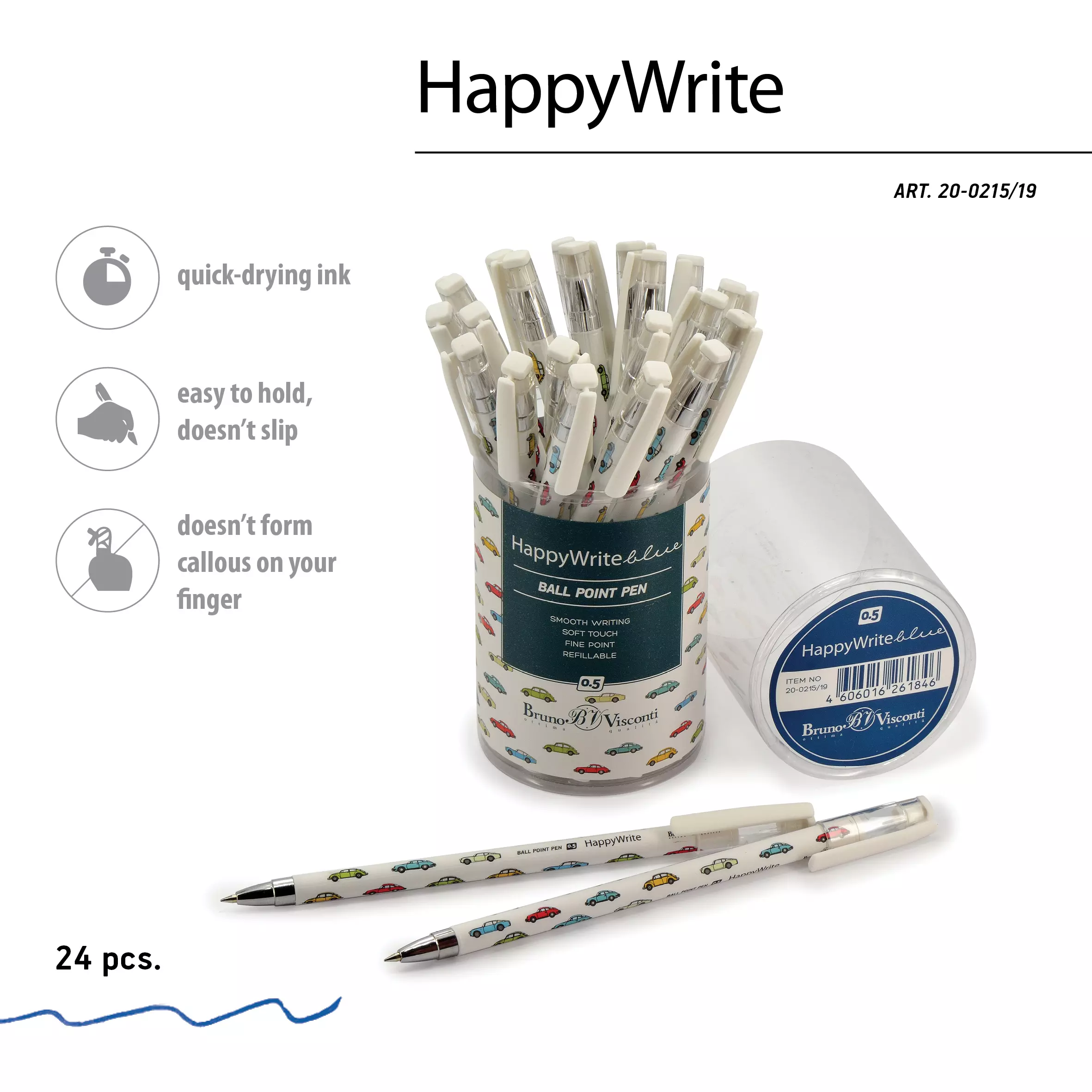 Шариковая ручка BrunoVisconti HappyWrite. Happy boy. Машинки, 0.5 мм, синяя