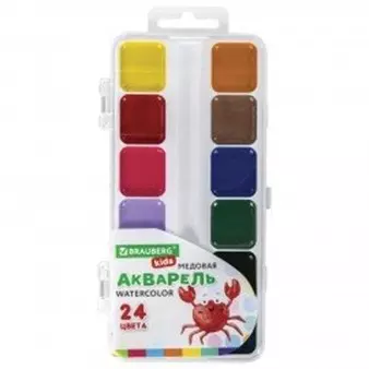 Акварельные краски BRAUBERG KIDS, медовые, 24 цвета, квадратные кюветы, пластиковый пенал, 192284