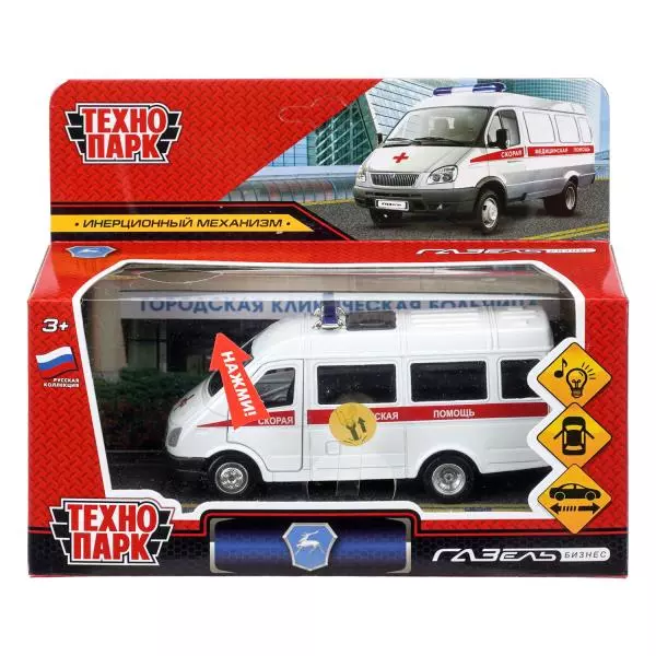 Модель машины металл ГАЗ-3221 "газель" СКОРАЯ,12,2 см, свет-звук, двери,инерция Технопарк 409989