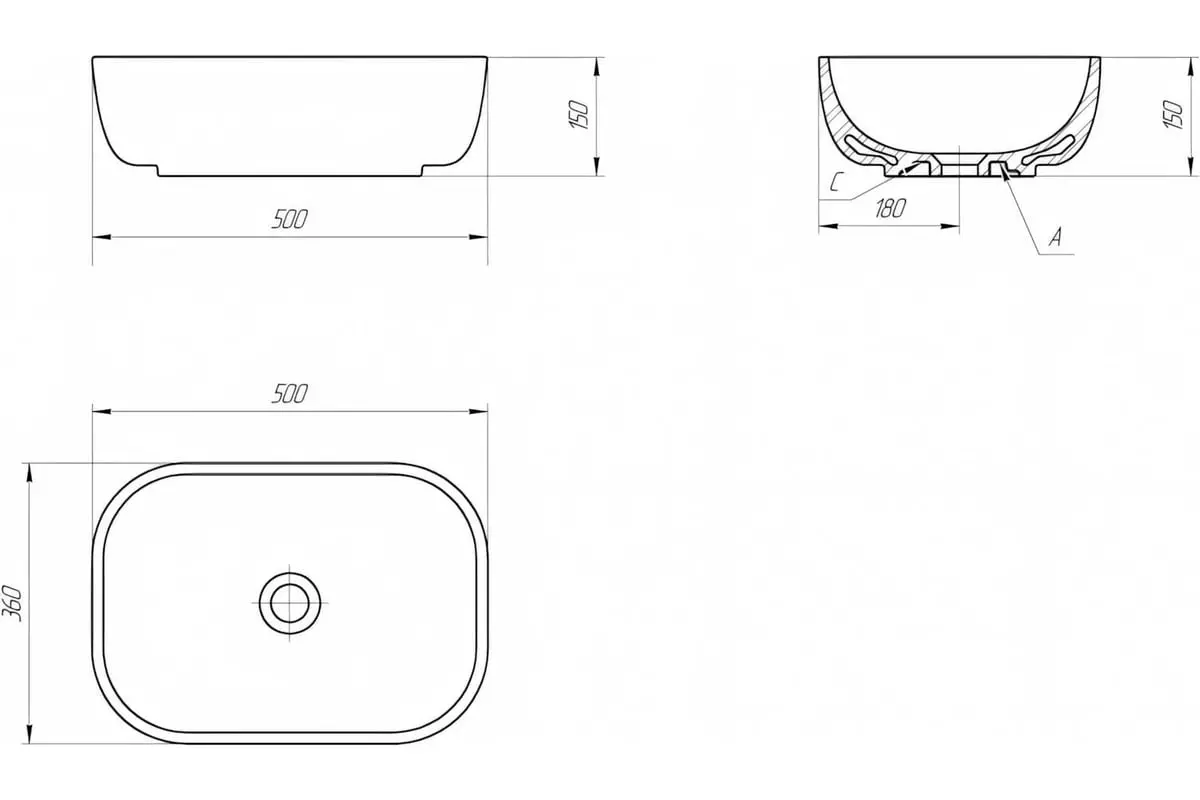 Раковина накладная на столешницу 50х36х15 см прямоуг. Cersanit MODUO 50 SQUARE 0 отв. 63570