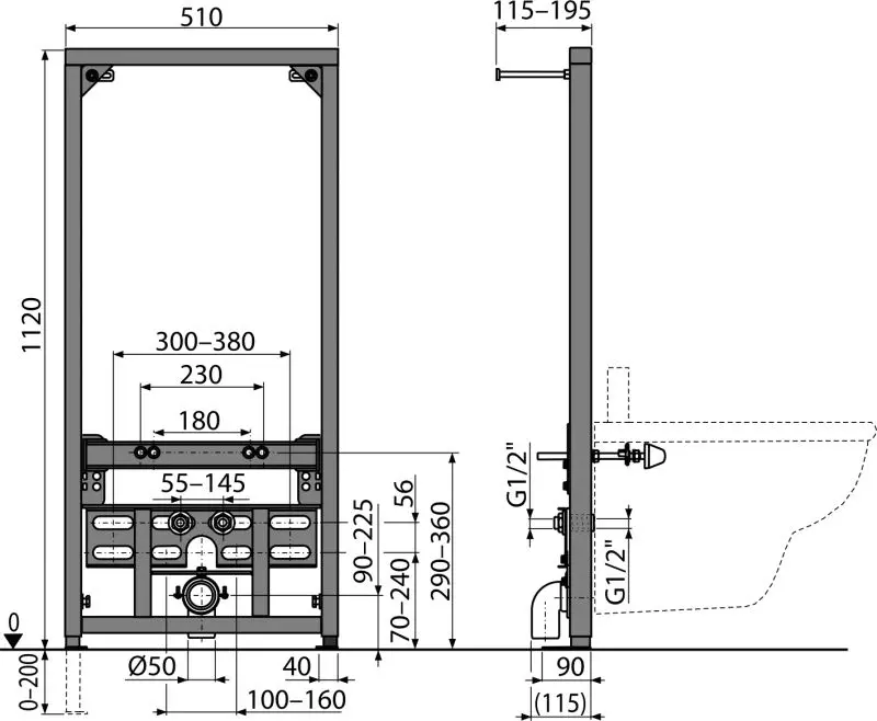 Монтажная рама для биде 510x100x1120 Alcaplast A105/1120