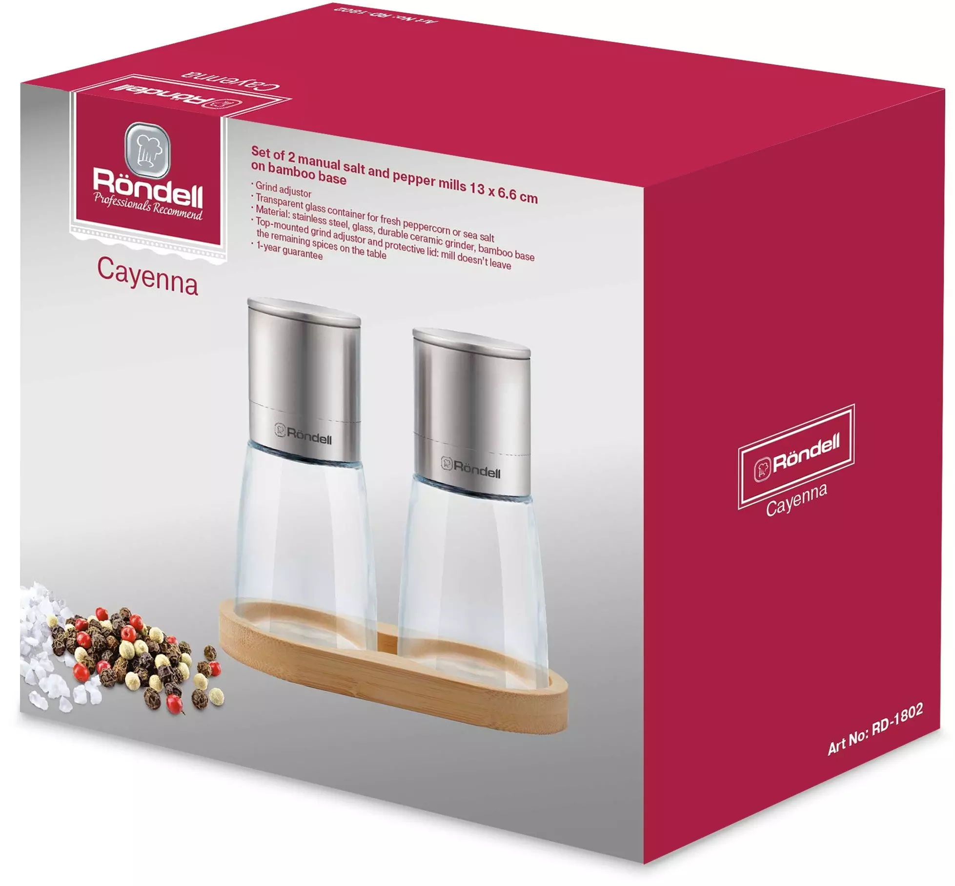 Набор из 2-х механических мельниц на бамбуковой подставке Cayenna Rondell, RD-1802