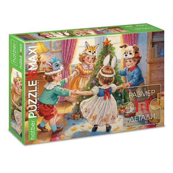 Новогодний пазл 15 элементов 330х220 мм Maxi Хоровод Hatber Eco 093226