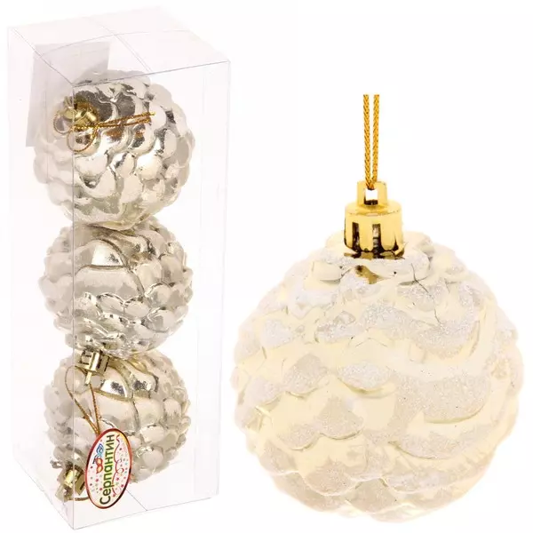 Елочные украшения Шишки нарядные 6 см (3 шт) золото/белый 916-705