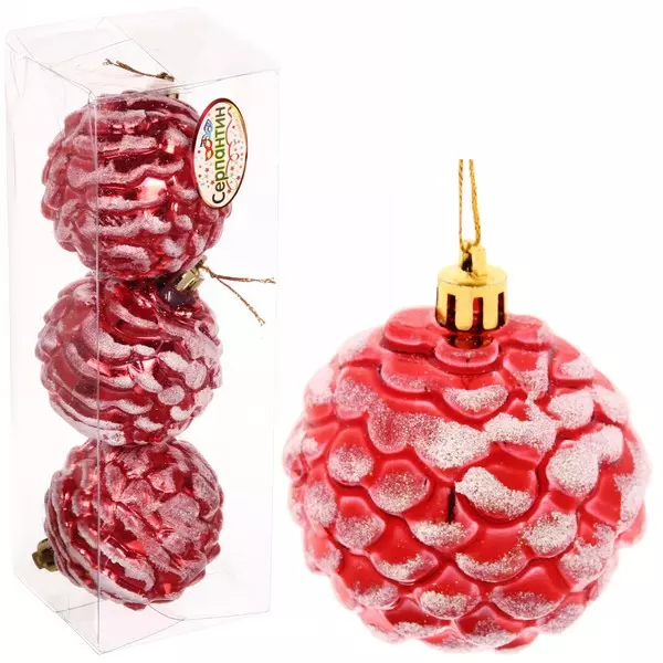 Елочные украшения Шишки нарядные 6 см (3 шт) красный/белый 916-706