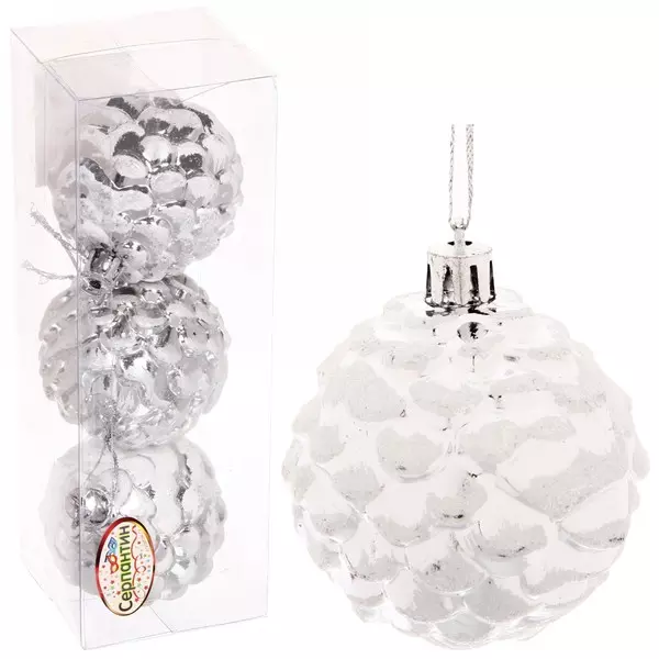 Елочные украшения Шишки нарядные 6 см (3 шт) серебро/белый 916-704