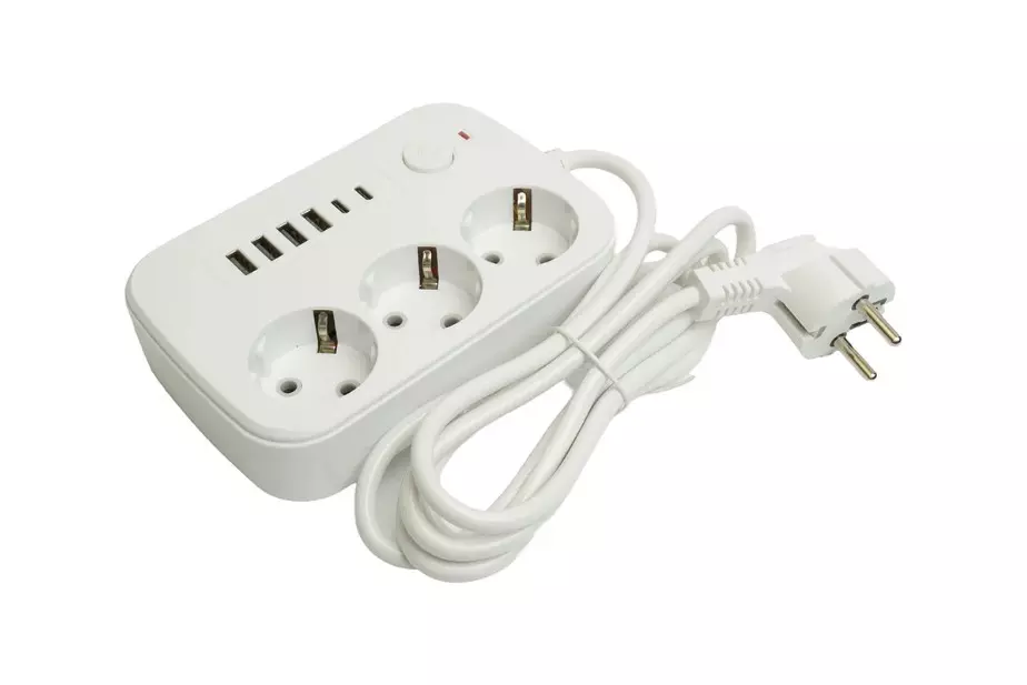 Удлинитель бытовой STEKKER 3 розетки с заземлением +4 USB +2 Type-C ПВС 3x1мм 1.8м 2500Вт с выключателем