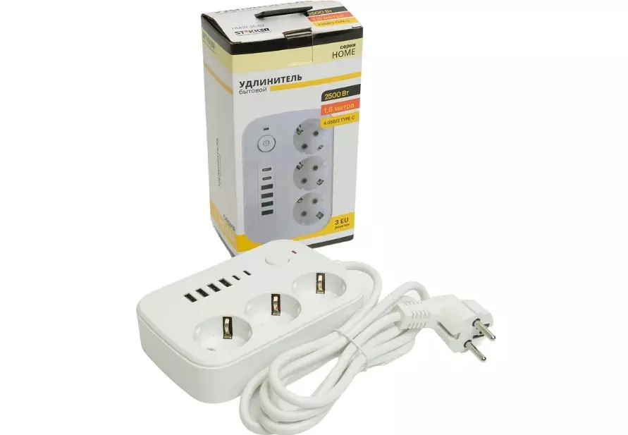 Удлинитель бытовой STEKKER 3 розетки с заземлением +4 USB +2 Type-C ПВС 3x1мм 1.8м 2500Вт с выключателем