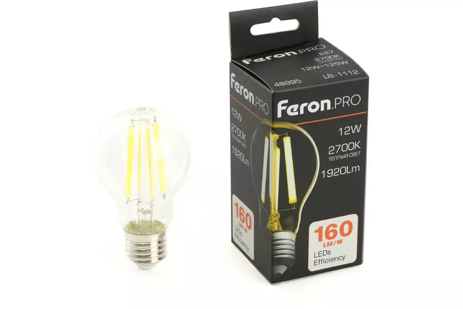 Лампа светодиодная Е27 220В 12Вт 2700К груша филаментная теплый свет FERON PRO 48895