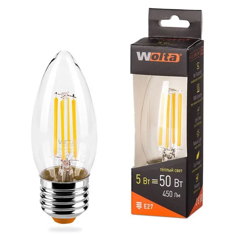 Лампа светодиодная Wolta Filament Е27 230В 5Вт 3000К свеча теплый