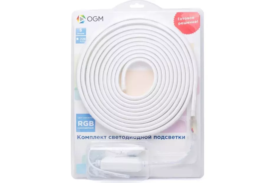 Светодиодная лента 220В 12Вт/м RGB 5м 12мм CRI&gt;80 SMD5050 60шт/м IP65 OGM SL-52