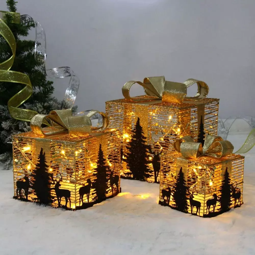 Светодиодная фигура Подарок с оленями (3 шт) 15/20/25 см шапмпань/теплый белый 725-0490