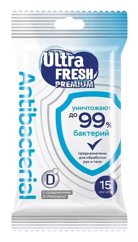 Влажные салфетки Ultra Fresh Premium Antibacterial с витаминами 15 шт