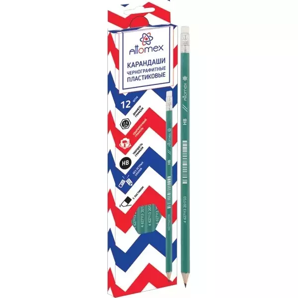 Простой карандаш HB, грифель 2,5 мм, пластиковый, с ластиком, зеленый, Attomex 5032601