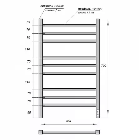 Полотенцесушитель электрический Point PN71858B П9 500x800, диммер справа, черный