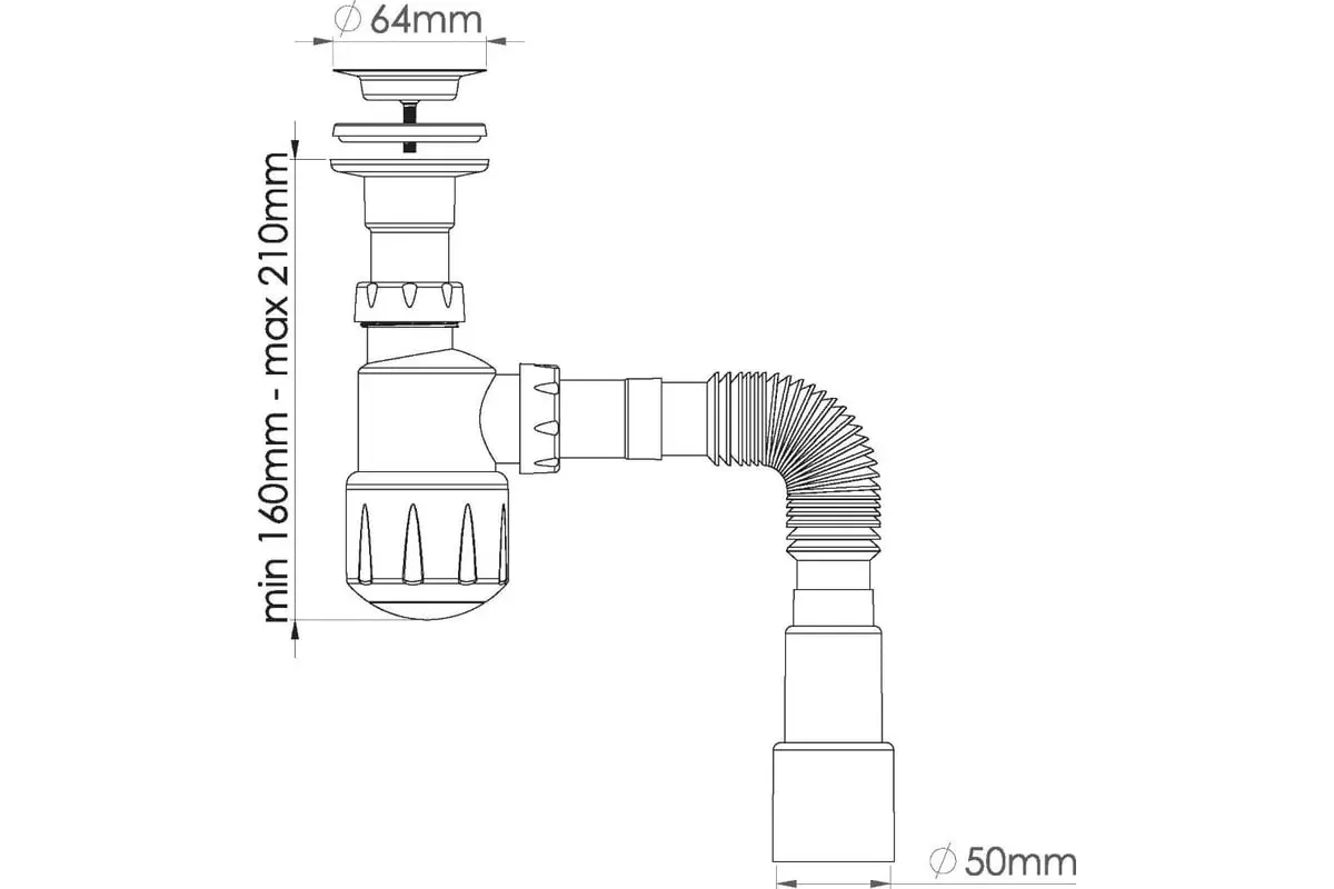 Сифон бутылочный 1 1/4"х40, выпуск 64 мм, с гибкой трубой d40/50, Nova 1050