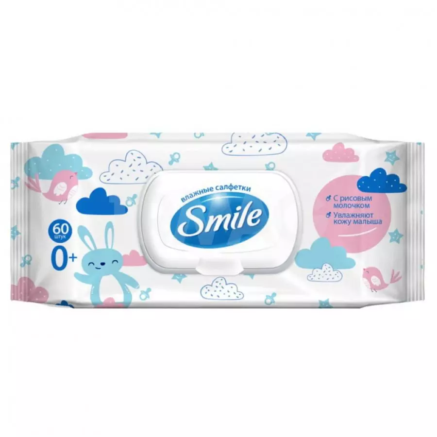 Детские влажные салфетки Smile Baby для чувствительной кожи с рисовым молочком 60 шт