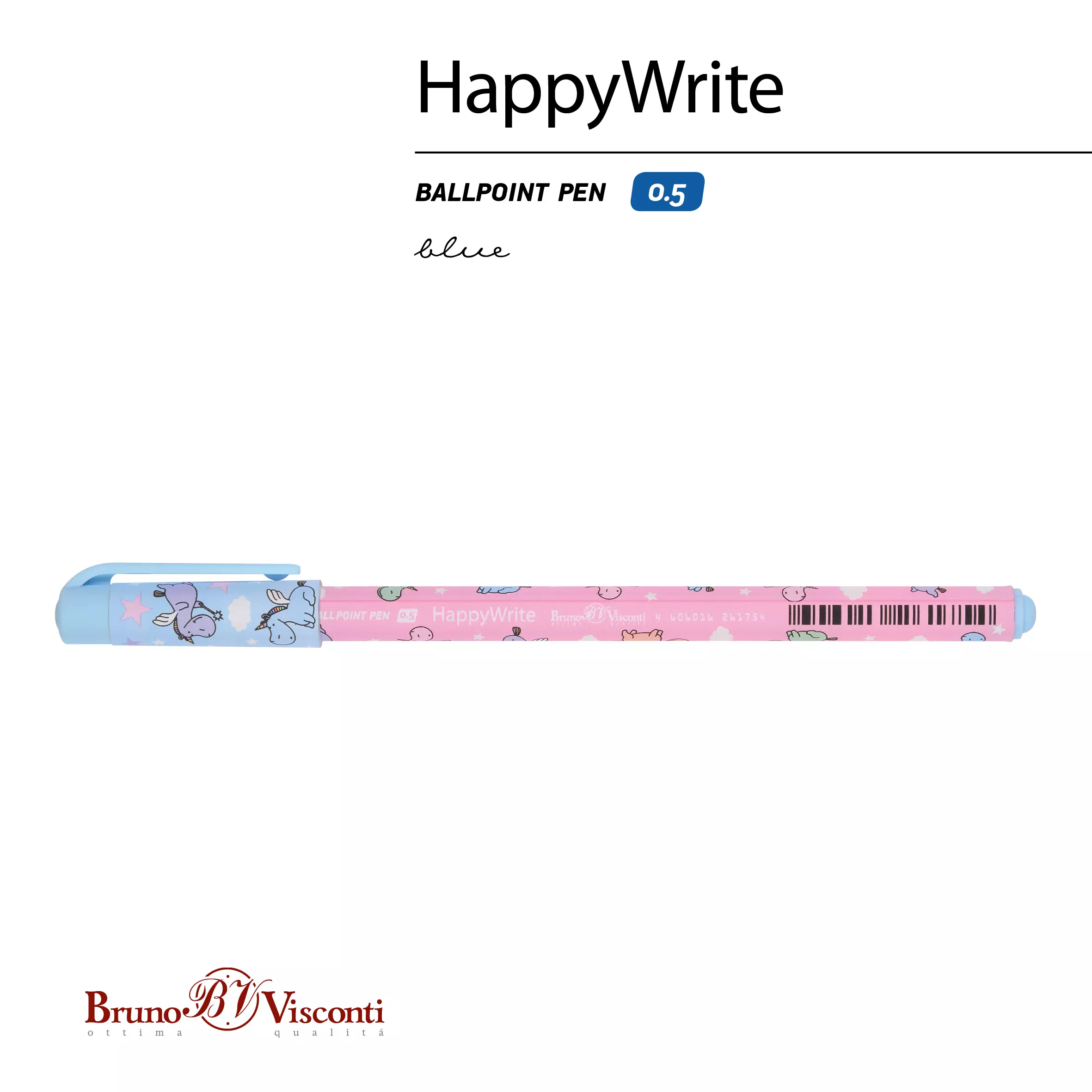 Шариковая ручка BrunoVisconti HappyWrite. Sweet Animals. Единорожки в облачках, 0.5 мм, синяя