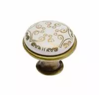 Ручка-кнопка, GP-0728, d=28мм, металл/керамика, старое золото/белый с орнаментом