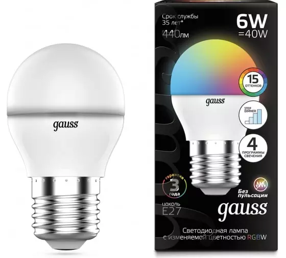 Светодиодная лампа Е27 220В 6Вт RGB шар диммируемая Gauss 105102406