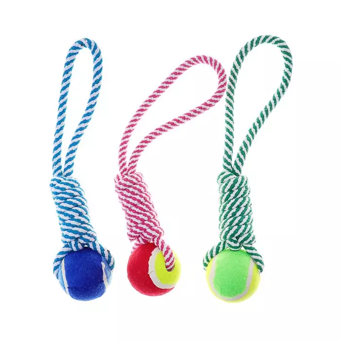 Игрушка для собак канатная плетеная с мячом, до 130 г, до 33 см, микс цветов 3679616