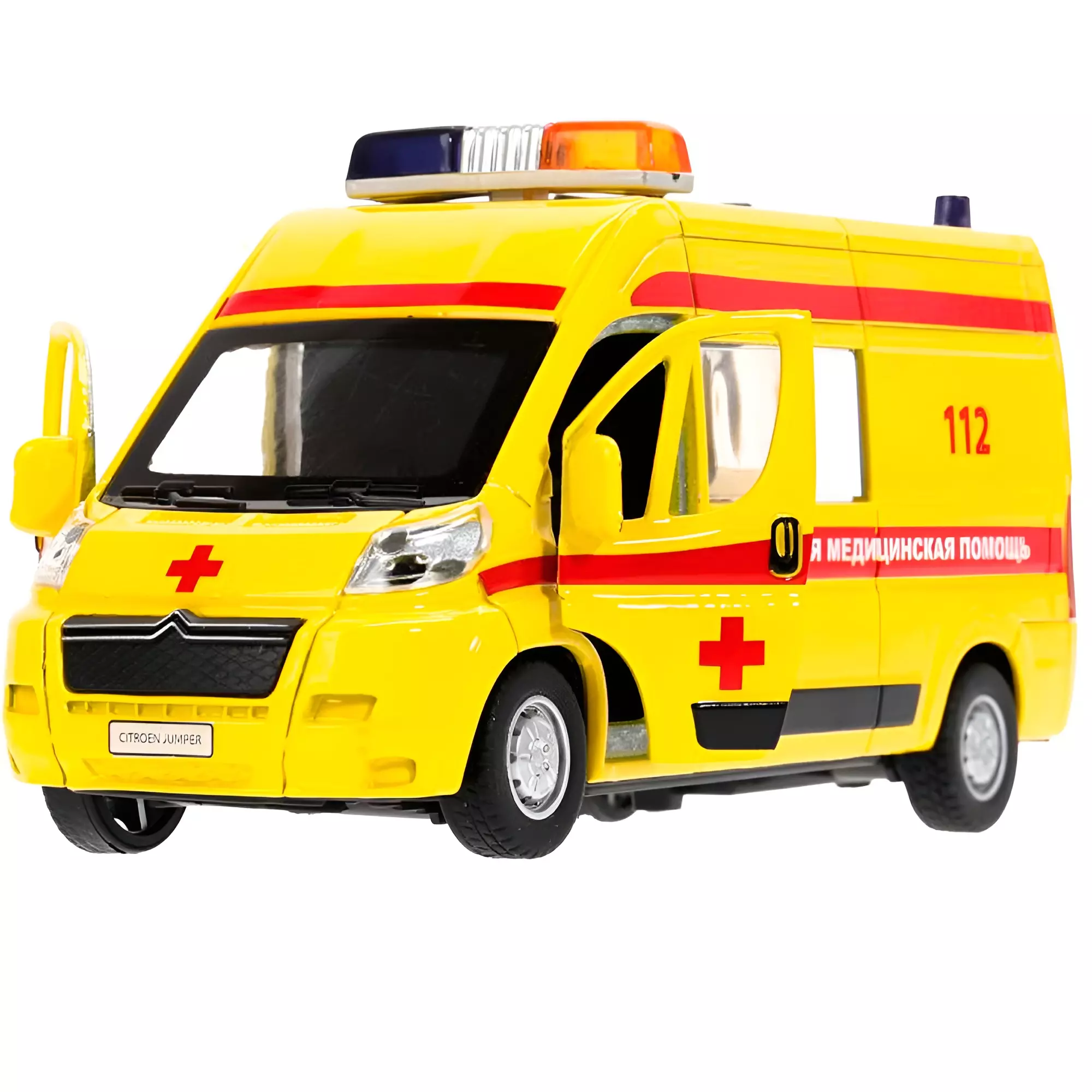 Моделька CITROEN РЕАНИМАЦИЯ металл, 14 см, двер, баг, инер, желтая, Технопарк JUMPER-14AMB-STRYE
