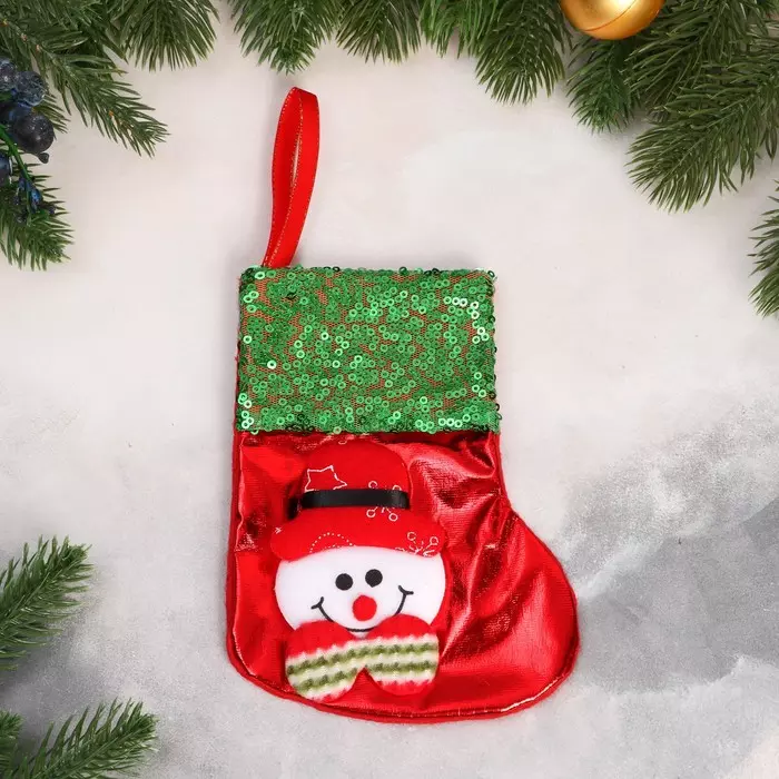 Носок для подарков Снеговик блеск, снежинка 13х16 см, красно-зеленый 7856791