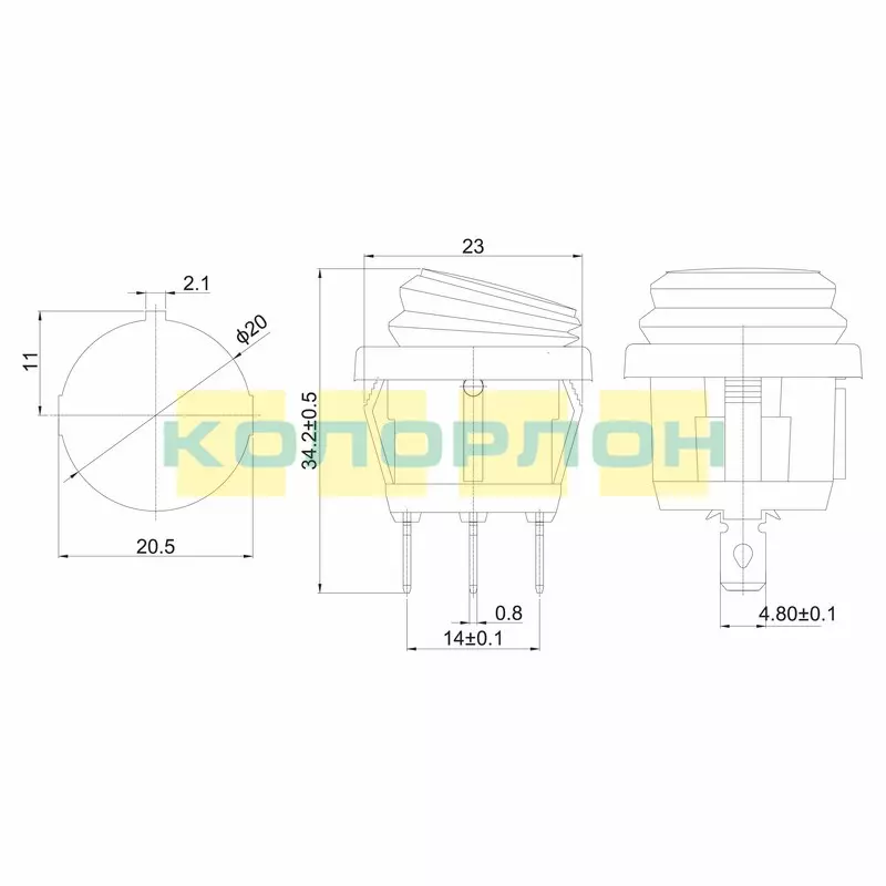 Выключатель клавишный круглый 250V 6А (3c) ON-OFF зеленый с подсветкой ВЛАГОЗАЩИТА REXANT 36-2597