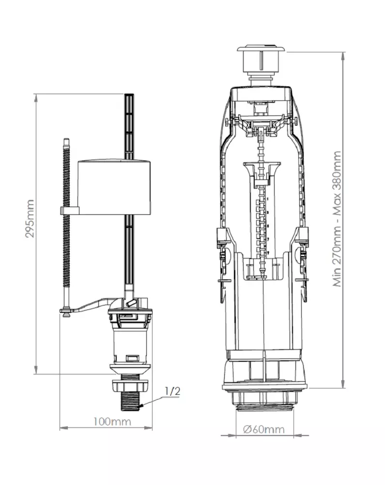 Арматура для унитаза сливная/наливная NOVA 4113 1/2 нижний подвод, кнопка хром 2 режима