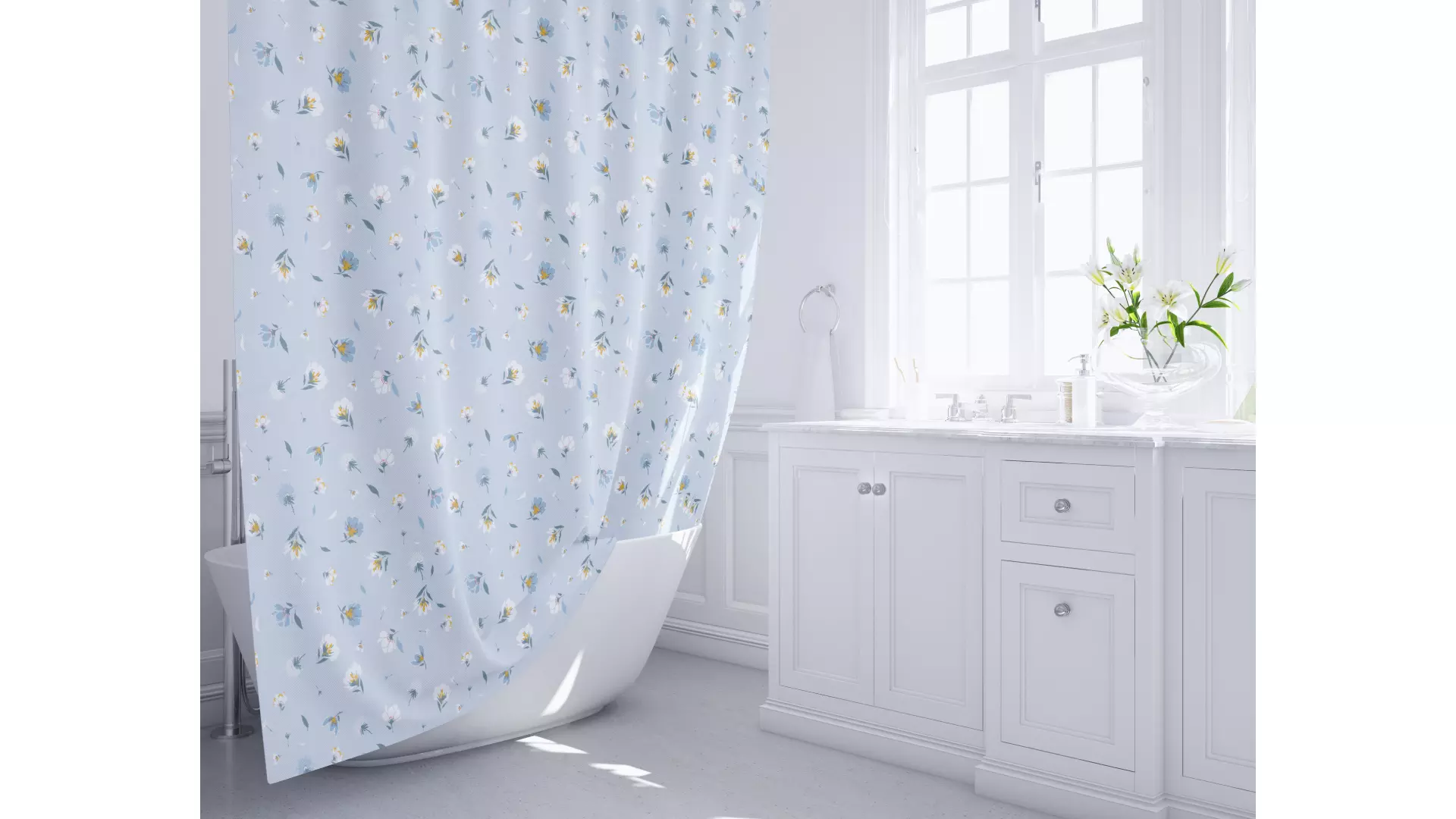 Штора для ванной 200 х 180 см полиэстер FIXSEN GARDEN FX-1509 голубой с цветами