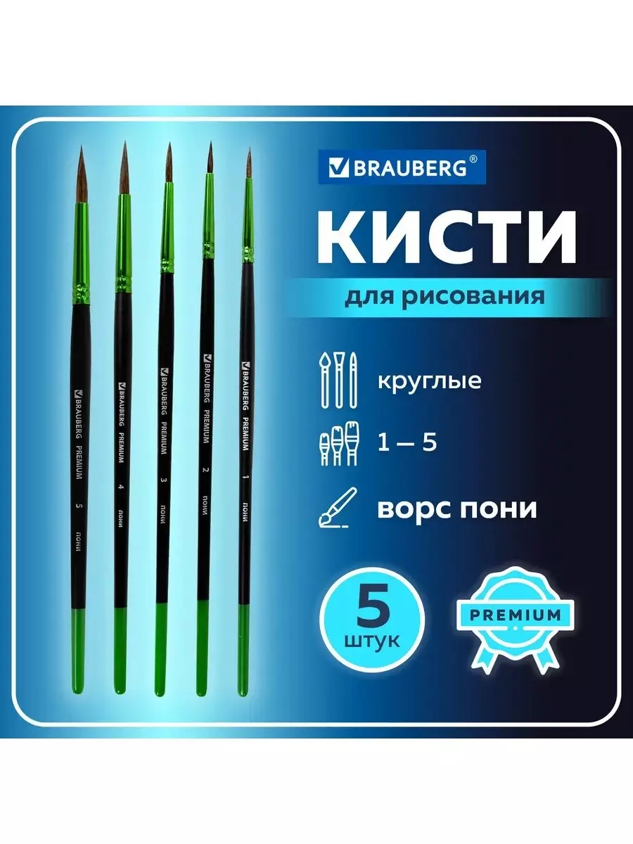 Кисти для рисования 5 шт, Пони круглые № 1, 2, 3, 4, 5), BRAUBERG PREMIUM 201022