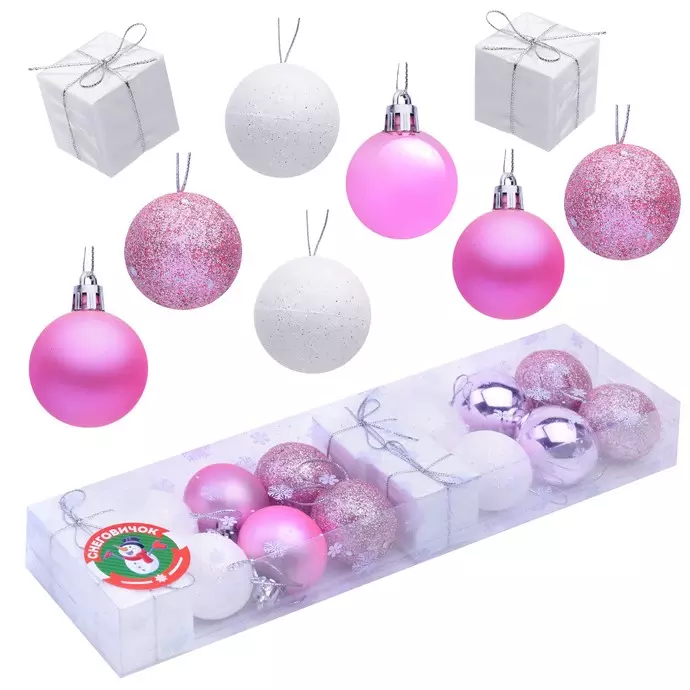 Набор новогодних шаров Новогодние забавы белые,нежно-розовые 4см*16шт S1665
