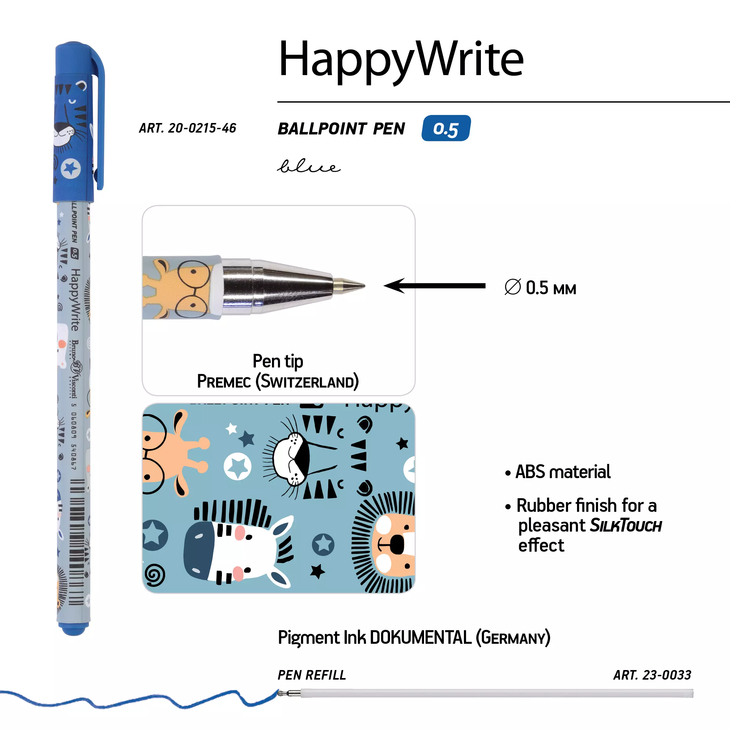 Шариковая ручка BrunoVisconti HappyWrite. Милые зверушки, 0.5 мм, синяя