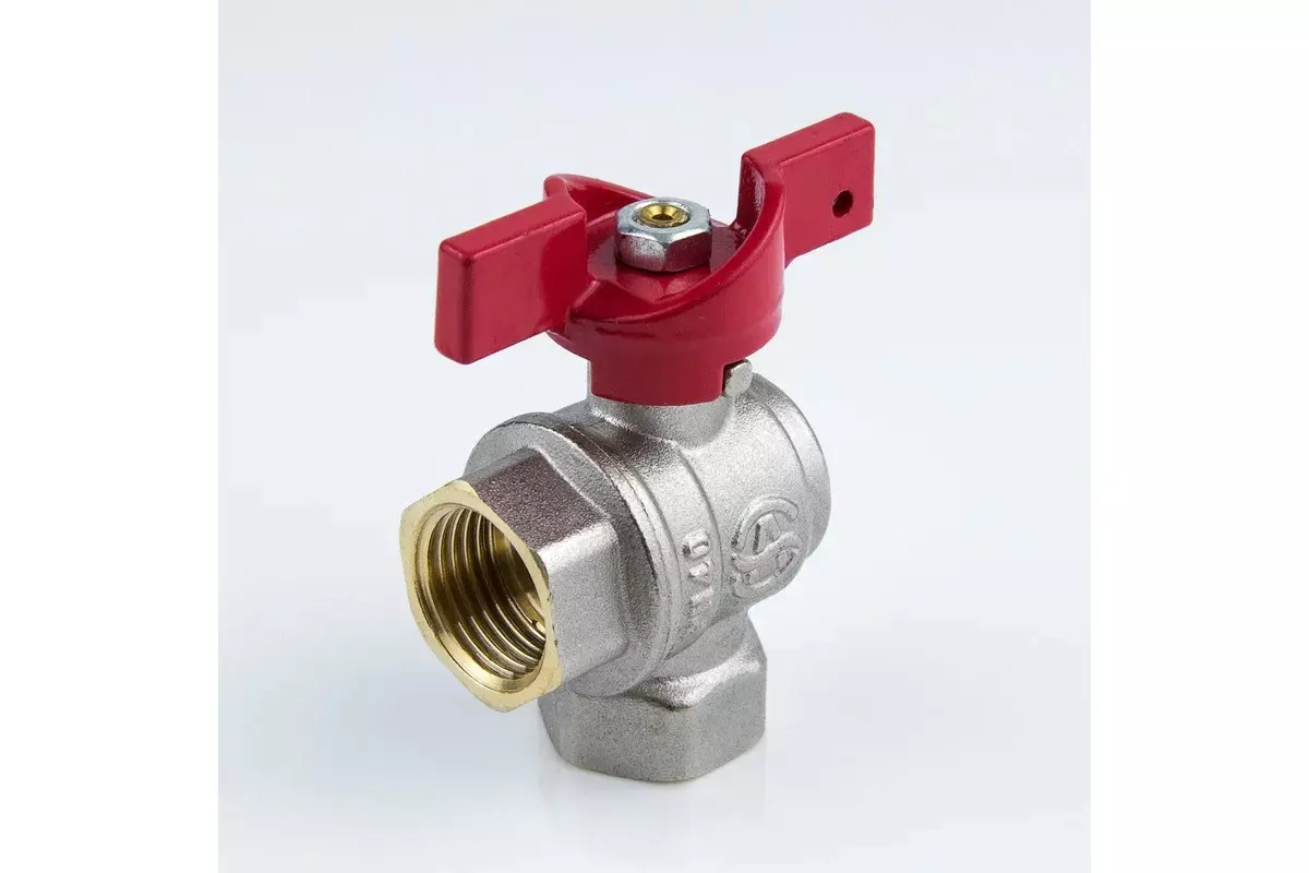 Кран шаровой угловой полнопроходной 1/2&quot; ВР, никель, бабочка красная, Aquasfera 1008-01