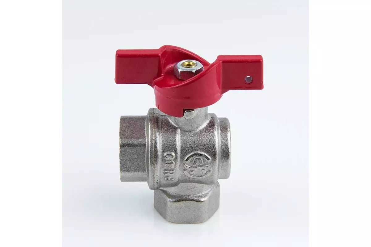 Кран шаровой угловой полнопроходной 1/2&quot; ВР, никель, бабочка красная, Aquasfera 1008-01