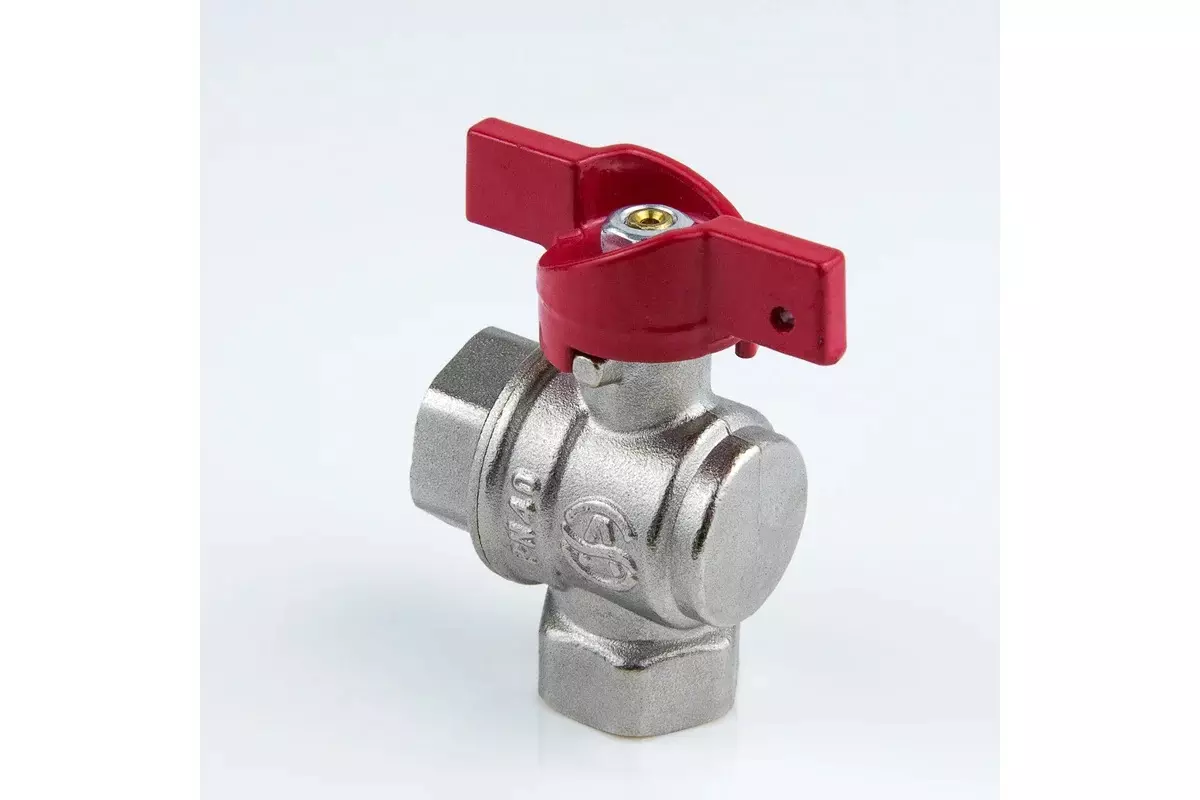 Кран шаровой угловой полнопроходной 1/2&quot; ВР, никель, бабочка красная, Aquasfera 1008-01