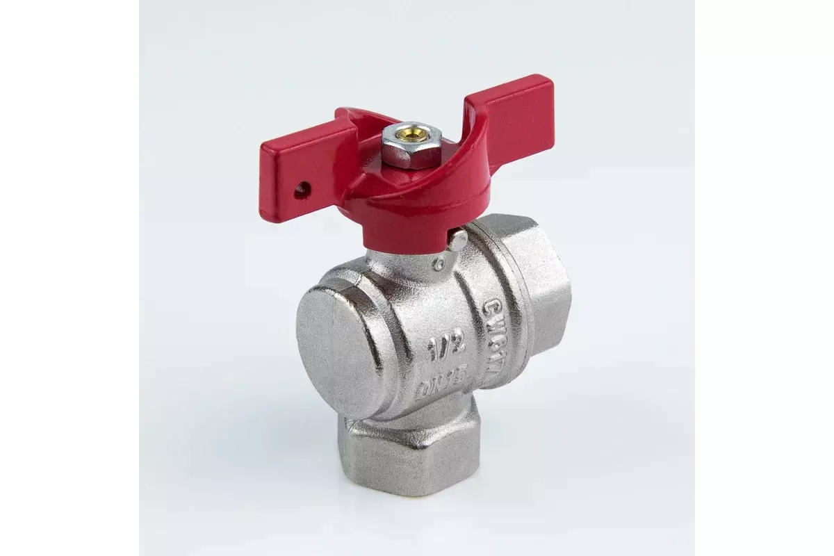 Кран шаровой угловой полнопроходной 1/2&quot; ВР, никель, бабочка красная, Aquasfera 1008-01