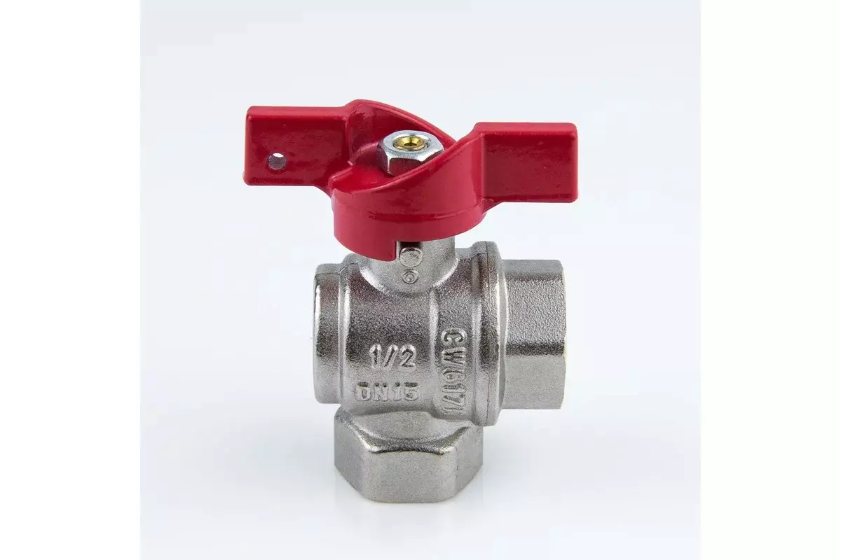 Кран шаровой угловой полнопроходной 1/2&quot; ВР, никель, бабочка красная, Aquasfera 1008-01