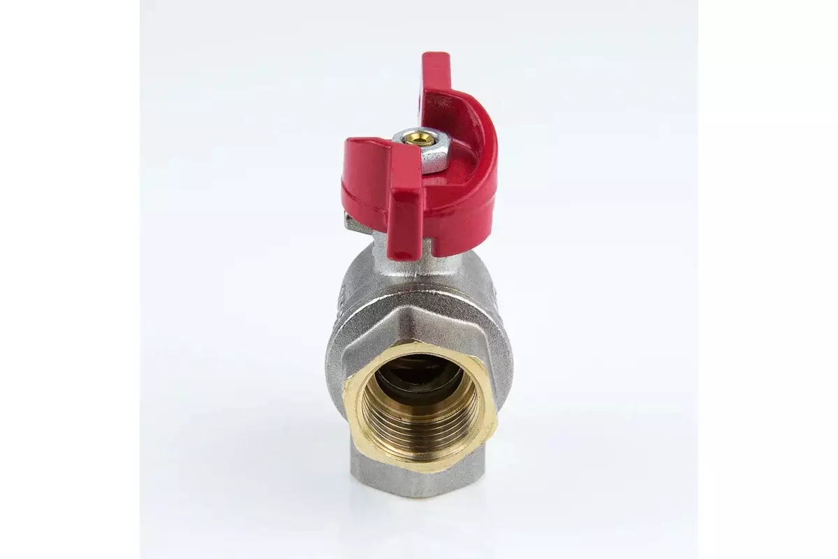 Кран шаровой угловой полнопроходной 1/2&quot; ВР, никель, бабочка красная, Aquasfera 1008-01