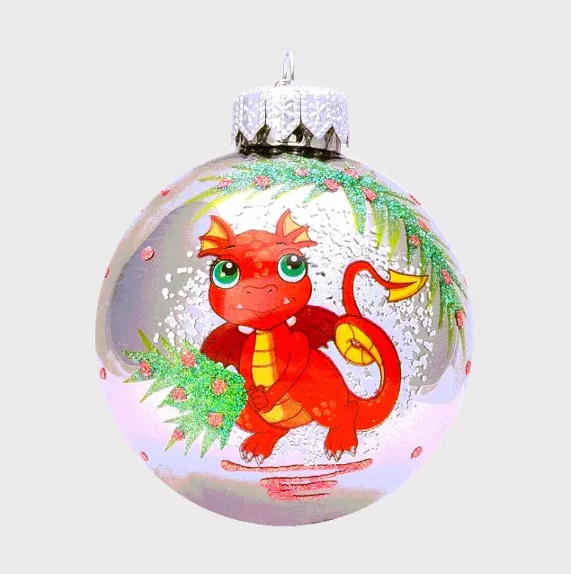 Новогодний шар Дракоша красный без ёлочки Символ года, 65 мм., в подарочной упаковке