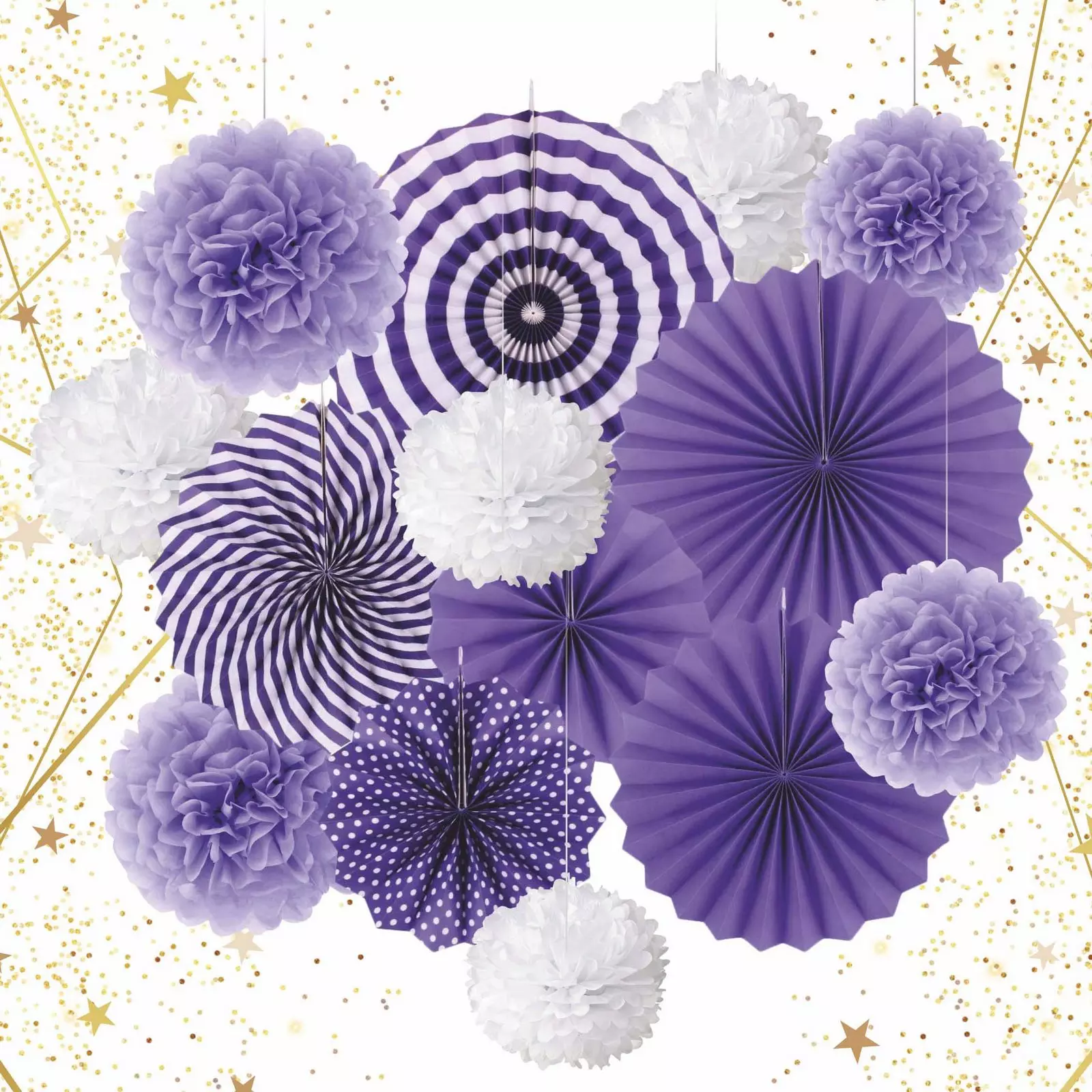 Набор вееров с помпонами Праздничное утро 14 шт сиреневый/белый 219-012